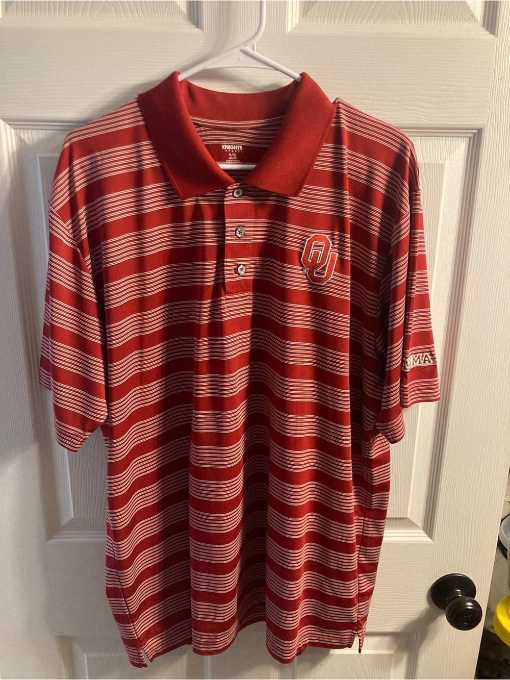 Knights Apparel Crimson and White Striped OU / Oklahoma Sooners Polo Shirt